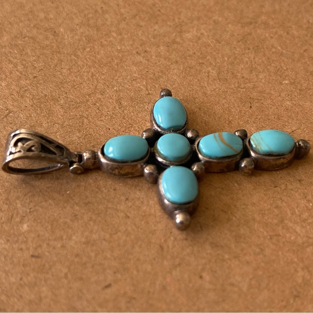 Sterling Silver Turquoise Cross Pendant Vintage Southwest Boho Artist Signed - Picture 4 of 12